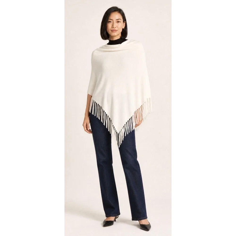 Minnie Rose Hankie Poncho Ivory Cotton Fringe Shawl Wrap One Size